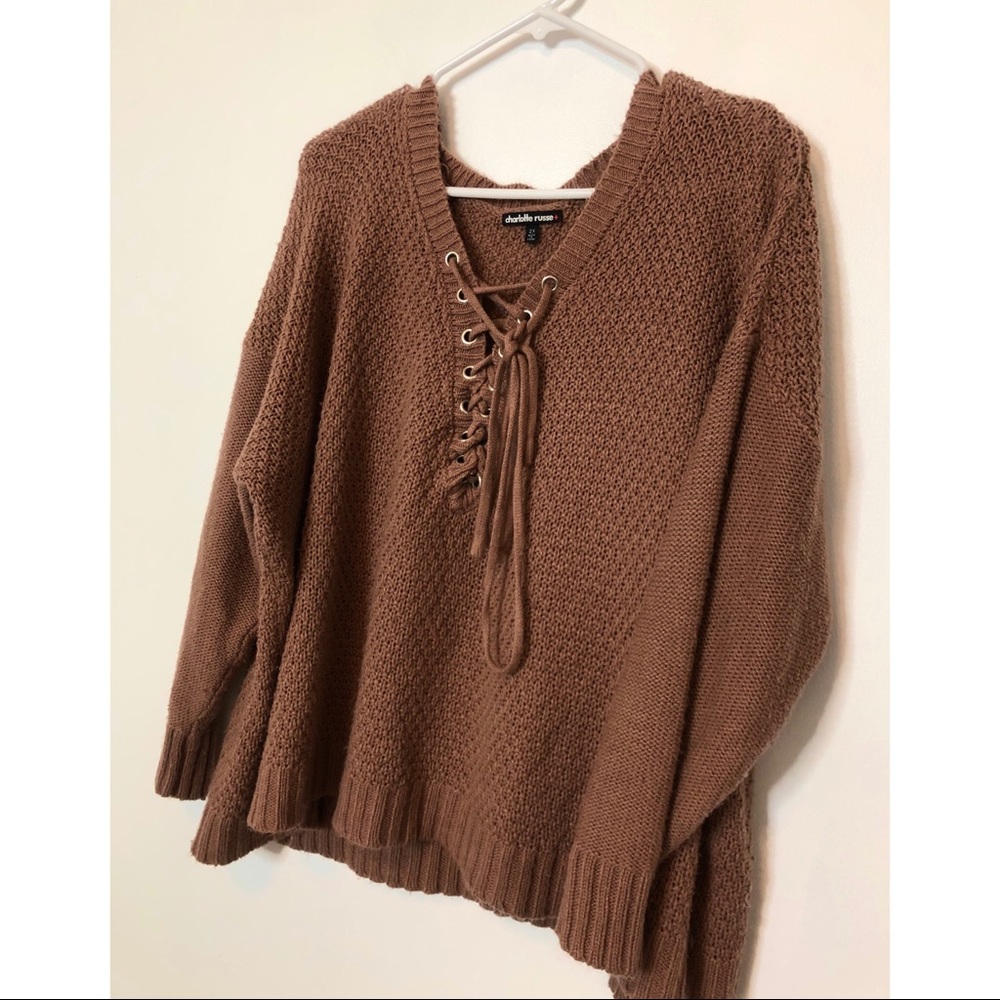 Charlotte Russe Mauve Crochet Crop Sweater W/ Lace Up Tie